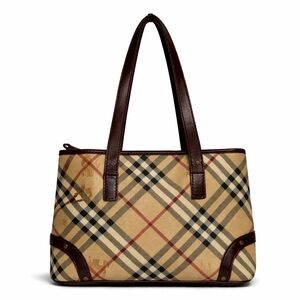 Burberry Vintage Nova Check Tote Bag Brown Leather Trim Plaid Shoulder Handbag